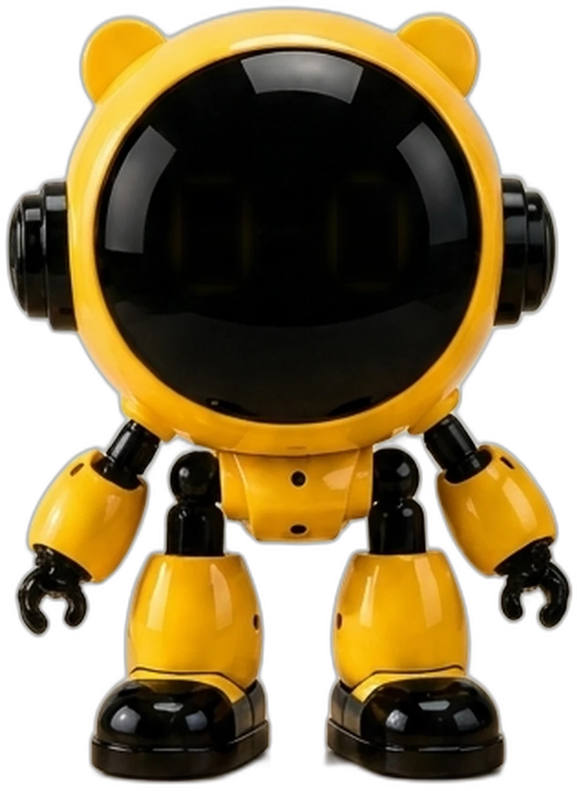 VMAX yapay zekâ robotu — sarı gövde, parlak siyah yüz, iki beyaz göz